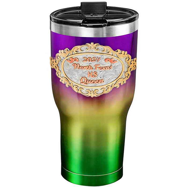 A customized tumbler made of stainless steel with a personalized engraved initials and North Texas High School Queen lettering, 30 oz, ideal for coffee or cool drinks